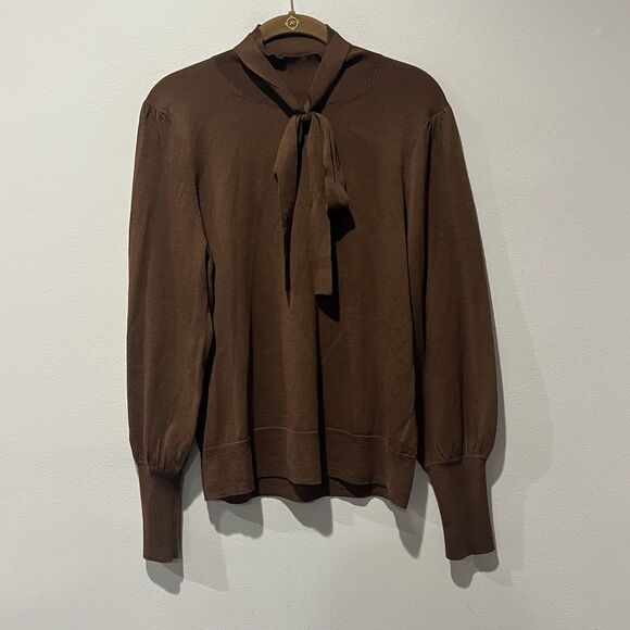 J Crew Tie Neck Turtleneck Sweater Women’s Medium Brown Merino Wool Preppy - Picture 1 of 8